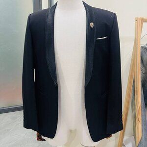 Men’s Black Tuxedo Blazer Satin Shawl Lapel Formal Jacket Slim Fit Size 52
